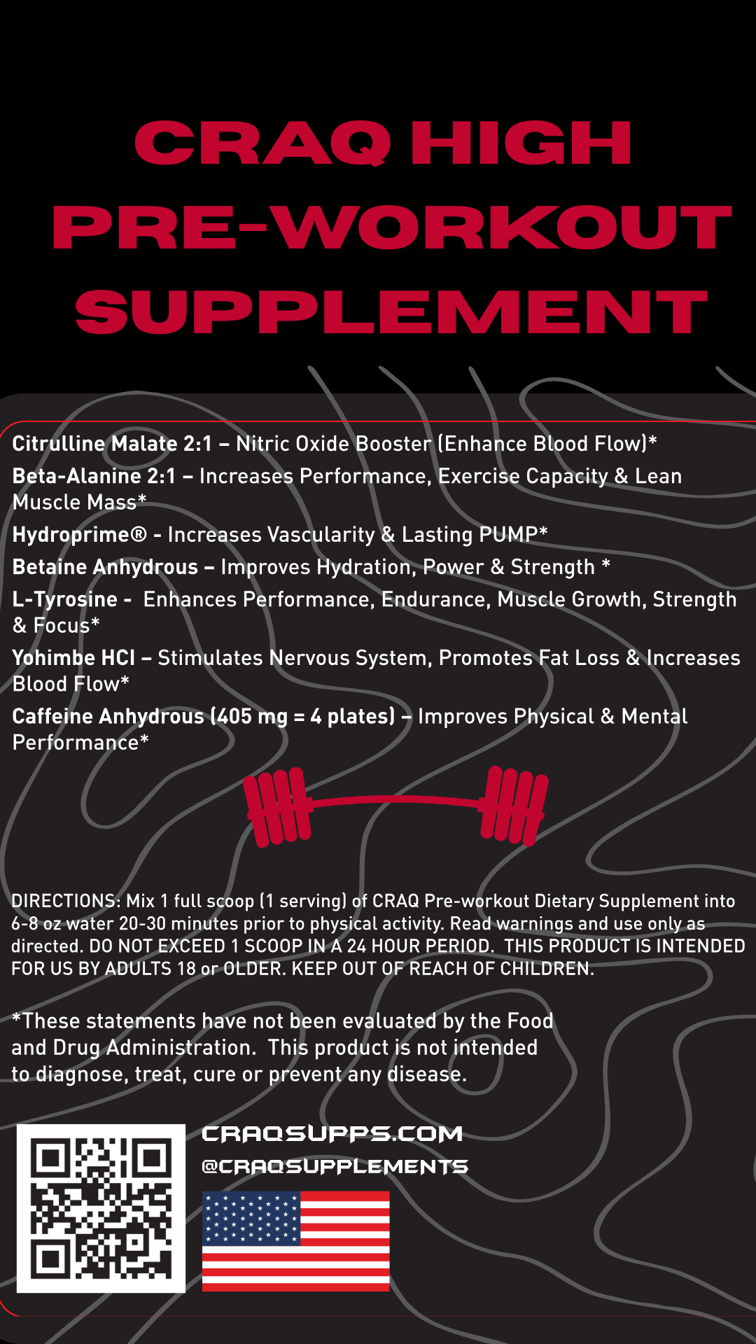 BLOWOUT SALE!!!! CRAQ HIGH Pre-Workout Supplement Tub - Ripped Razzberry